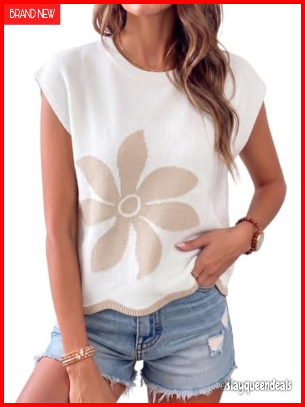 Dokotoo Floral Knit Sweater Vest Cap Sleeve Loose Fit Casual Top